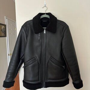 Mango Man Faux Leather Shearling Aviator Bomber Jacket